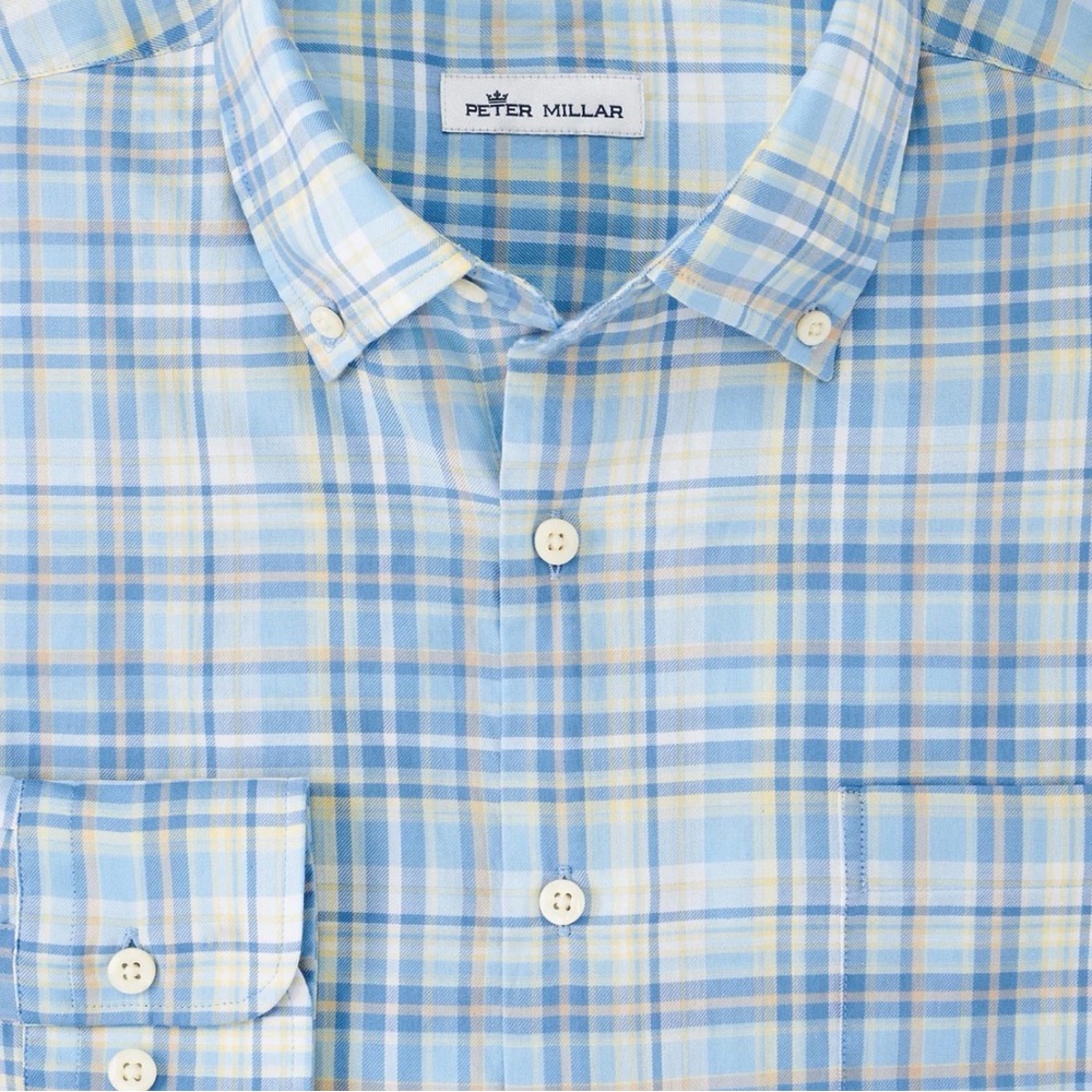 Peter Millar Light Blue and Yellow Plaid Shirt